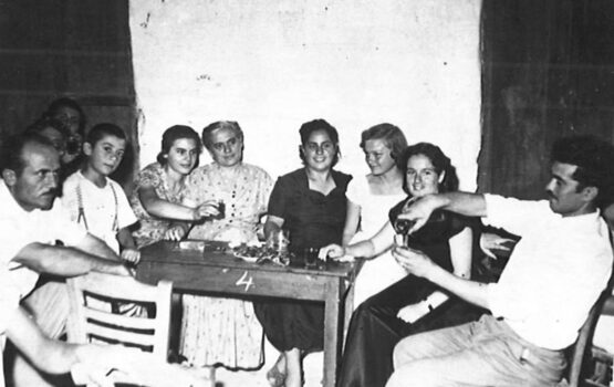 Marpissa, 1955. From left: Dimitris Tsigonias, little Nikos Tsigonias, Katina Alipranti, Giakomini Alipranti, Electra Skiada, Irini Marinopoulou, Anna Arka, George Skordilis.